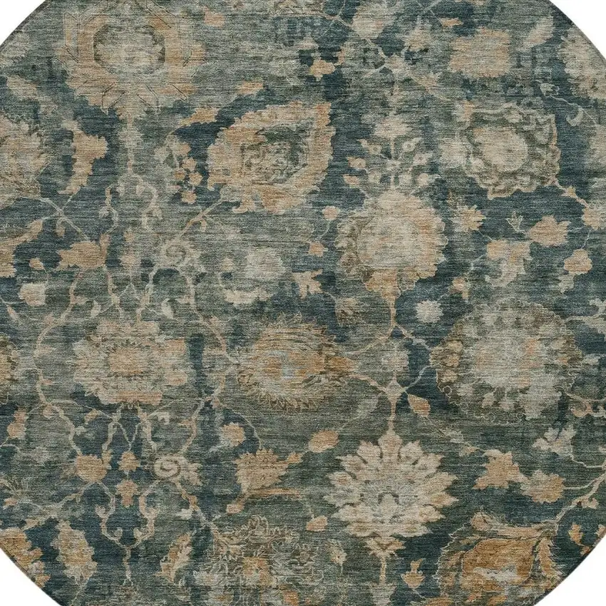 8' Green And Teal Blue Round Botanical Leaves Washable Indoor Outdoor Area Rug Photo 3