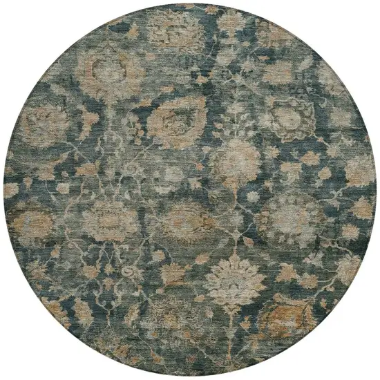 8' Green And Teal Blue Round Botanical Leaves Washable Indoor Outdoor Area Rug Photo 4