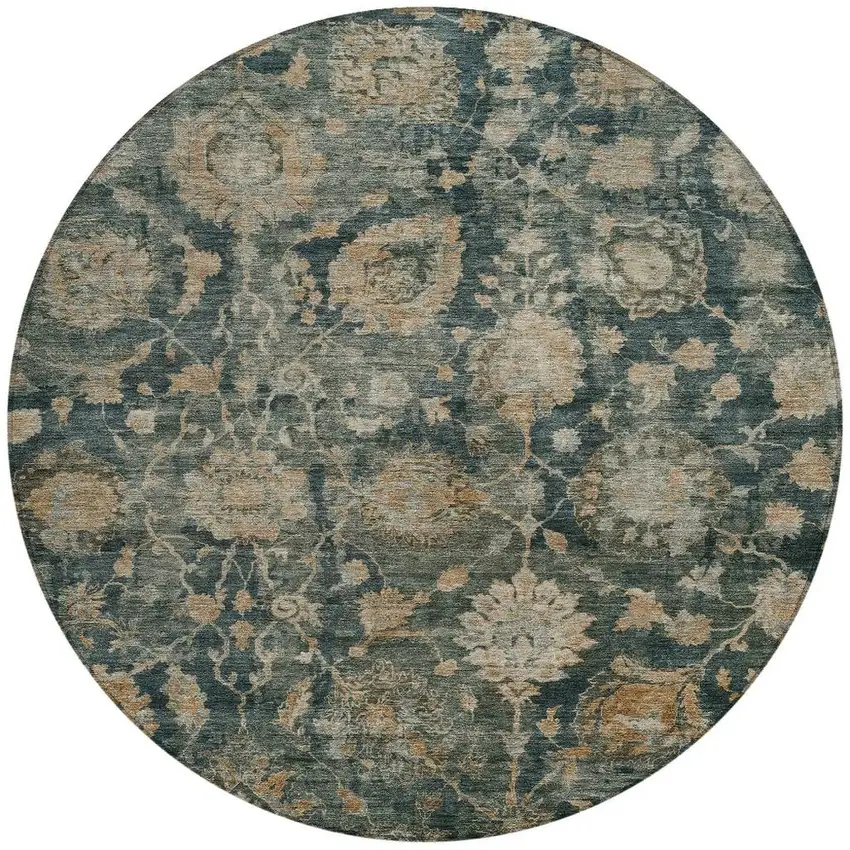 8' Green And Teal Blue Round Botanical Leaves Washable Indoor Outdoor Area Rug Photo 4