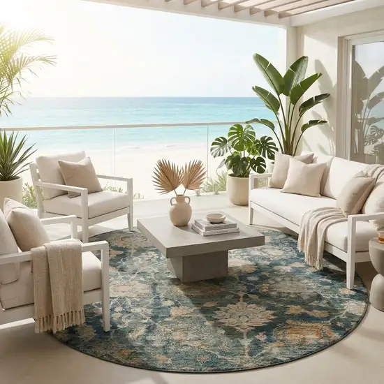 8' Green And Teal Blue Round Botanical Leaves Washable Indoor Outdoor Area Rug Photo 1