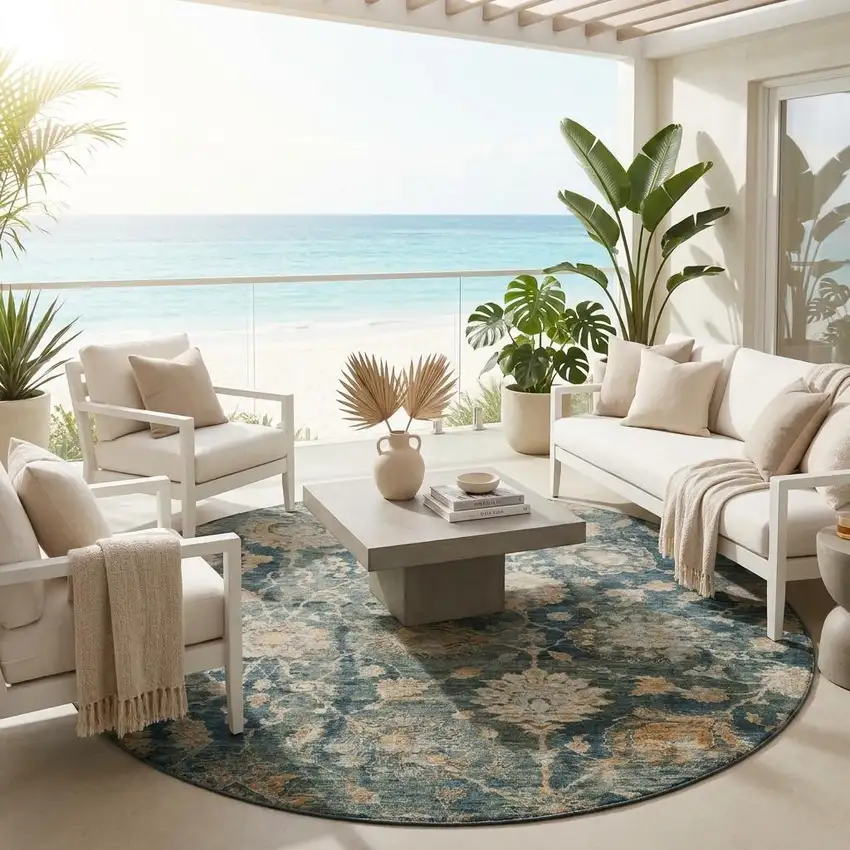 8' Green And Teal Blue Round Botanical Leaves Washable Indoor Outdoor Area Rug Photo 1