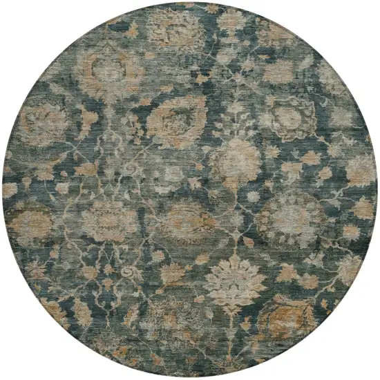 8' Green And Teal Blue Round Botanical Leaves Washable Indoor Outdoor Area Rug Photo 2