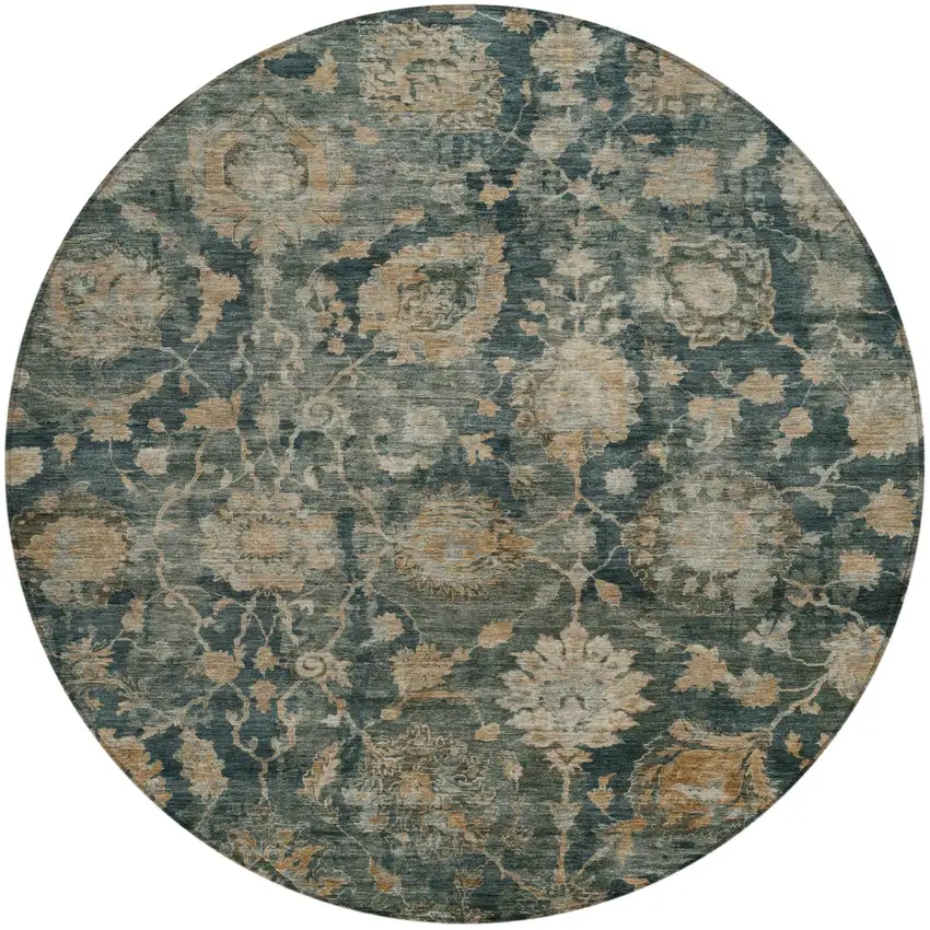 8' Green And Teal Blue Round Botanical Leaves Washable Indoor Outdoor Area Rug Photo 2