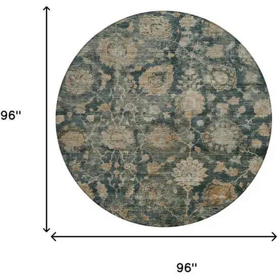 8' Green And Teal Blue Round Botanical Leaves Washable Indoor Outdoor Area Rug Photo 7