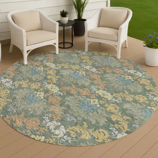 8' Green And Teal Blue Round Damask Washable Indoor Outdoor Area Rug Photo 4