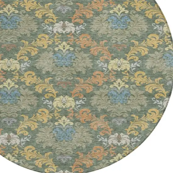 8' Green And Teal Blue Round Damask Washable Indoor Outdoor Area Rug Photo 2