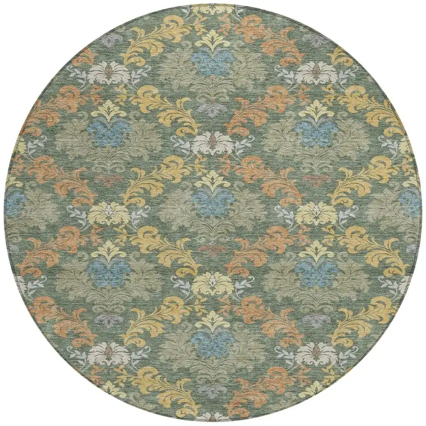 8' Green And Teal Blue Round Damask Washable Indoor Outdoor Area Rug Photo 3