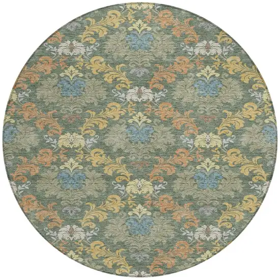 8' Green And Teal Blue Round Damask Washable Indoor Outdoor Area Rug Photo 3