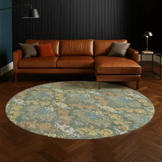 8' Green And Teal Blue Round Damask Washable Indoor Outdoor Area Rug Photo 5