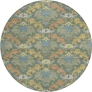 Photo of 8' Green And Teal Blue Round Damask Washable Indoor Outdoor Area Rug