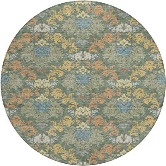 8' Green And Teal Blue Round Damask Washable Indoor Outdoor Area Rug Photo 1
