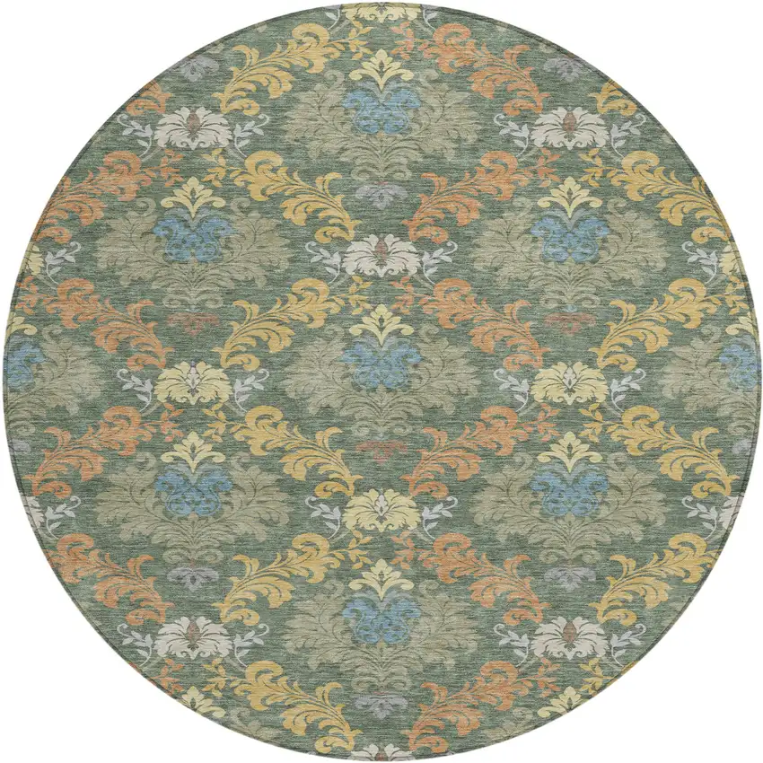 8' Green And Teal Blue Round Damask Washable Indoor Outdoor Area Rug Photo 1