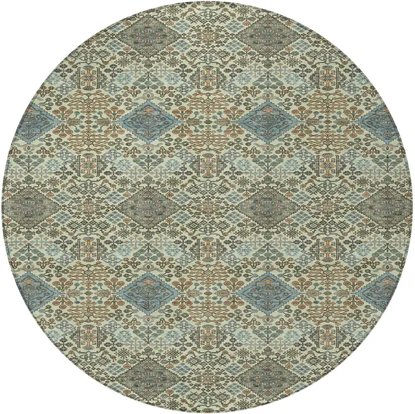 8' Green And Teal Blue Round Geometric Washable Indoor Outdoor Area Rug Photo 3