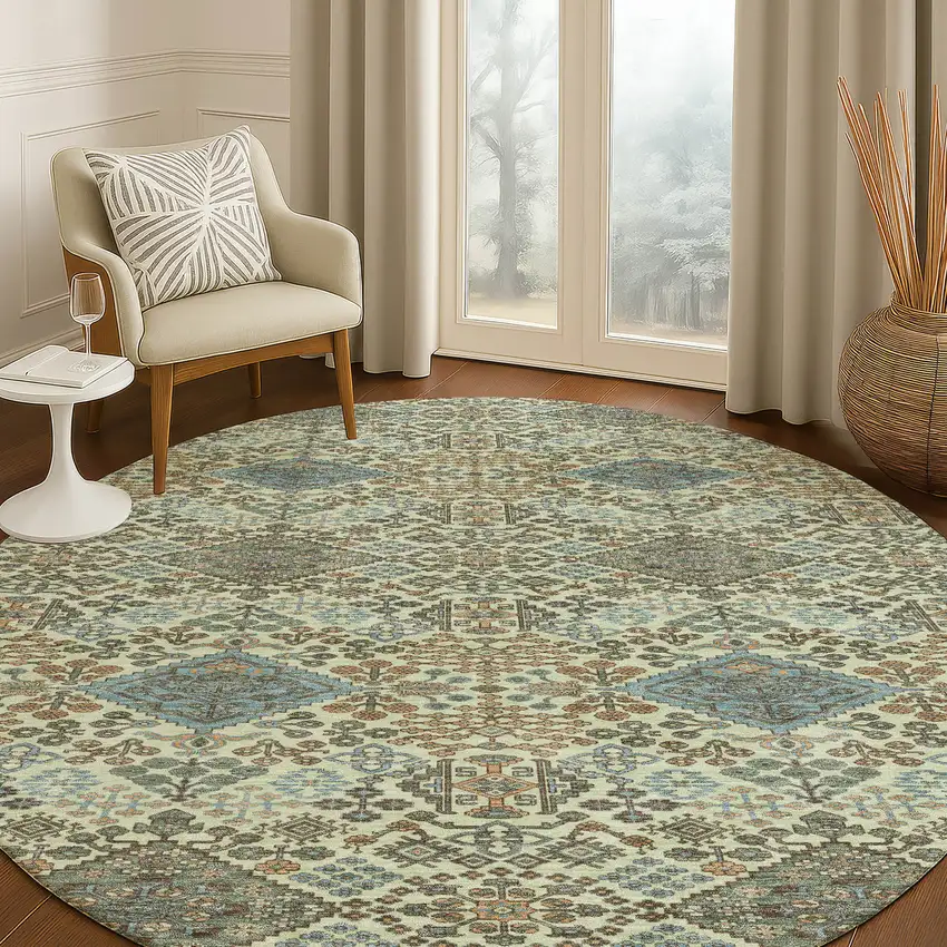 8' Green And Teal Blue Round Geometric Washable Indoor Outdoor Area Rug Photo 5