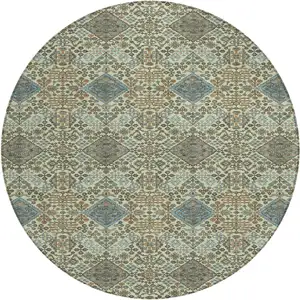 Photo of 8' Green And Teal Blue Round Geometric Washable Indoor Outdoor Area Rug