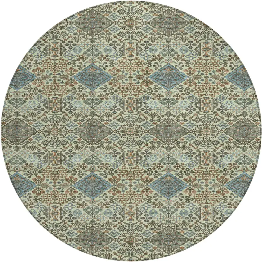 8' Green And Teal Blue Round Geometric Washable Indoor Outdoor Area Rug Photo 1