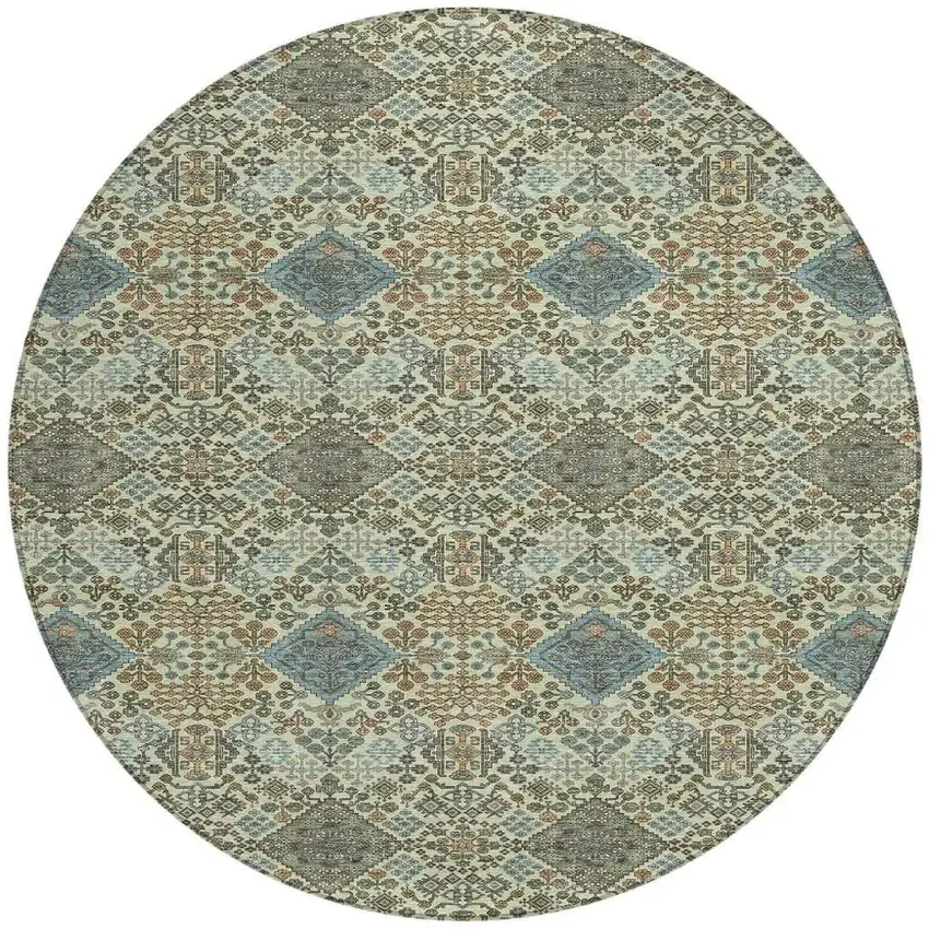 8' Green And Teal Blue Round Geometric Washable Indoor Outdoor Area Rug Photo 2
