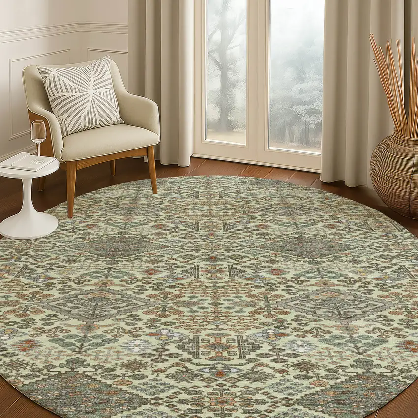 8' Green And Teal Blue Round Geometric Washable Indoor Outdoor Area Rug Photo 5