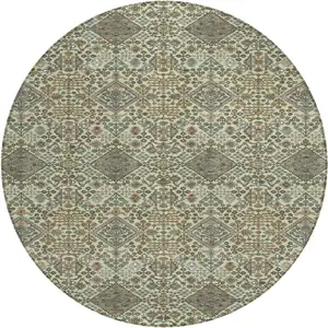 Photo of 8' Green And Teal Blue Round Geometric Washable Indoor Outdoor Area Rug