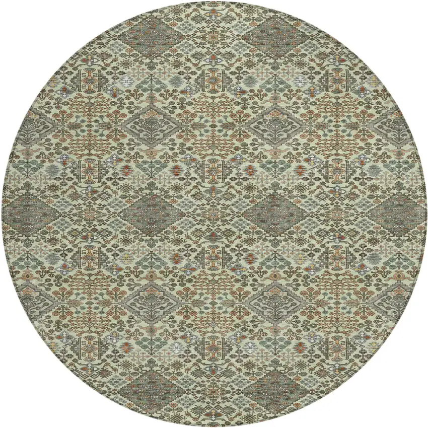 8' Green And Teal Blue Round Geometric Washable Indoor Outdoor Area Rug Photo 1