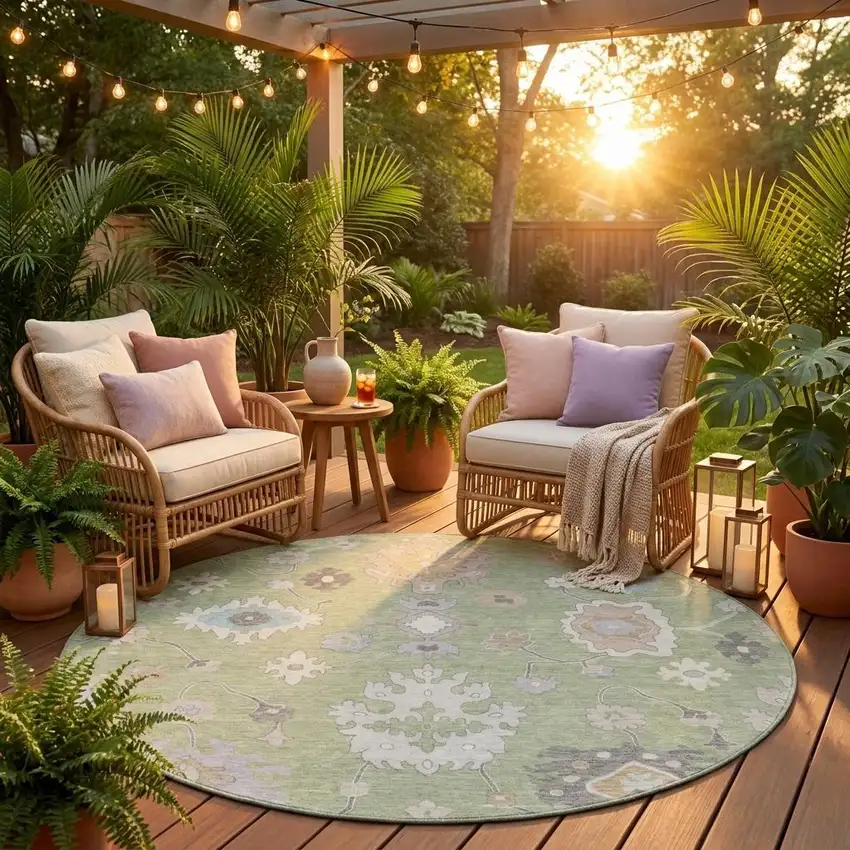 8' Green And Teal Blue Round Oriental Washable Indoor Outdoor Area Rug Photo 1