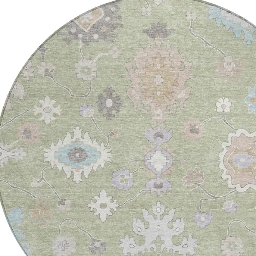 8' Green And Teal Blue Round Oriental Washable Indoor Outdoor Area Rug Photo 4