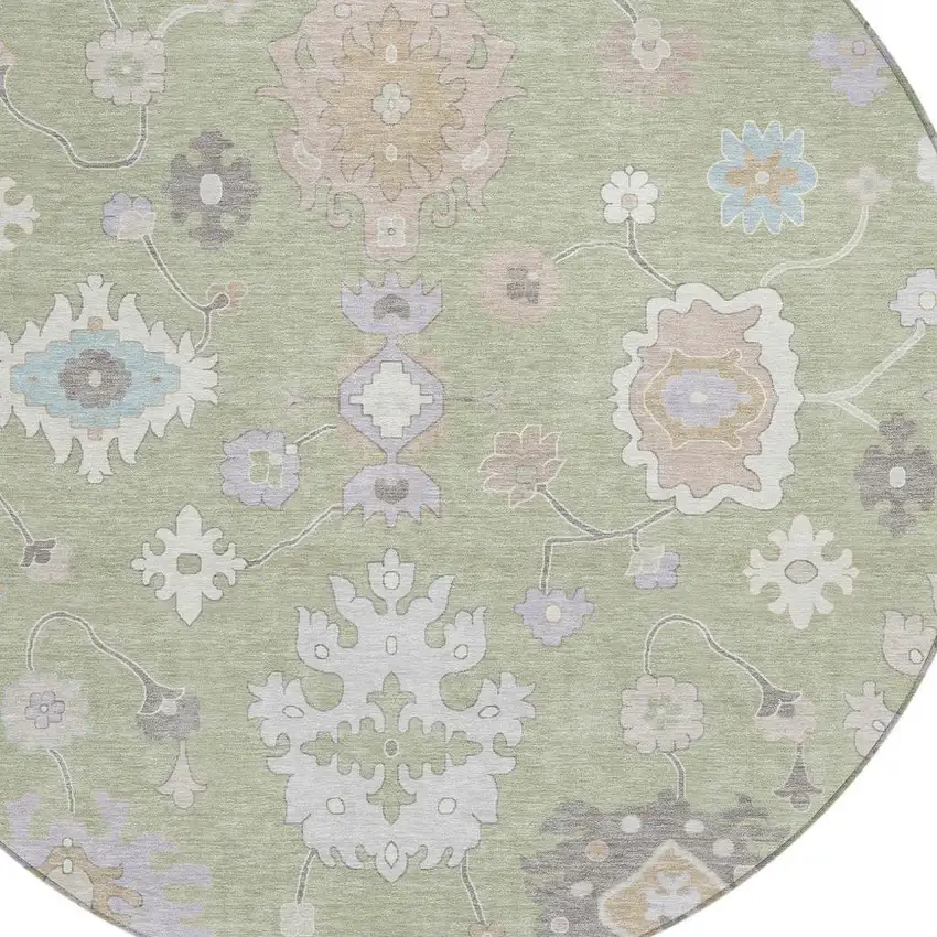 8' Green And Teal Blue Round Oriental Washable Indoor Outdoor Area Rug Photo 5