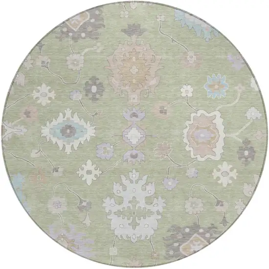 8' Green And Teal Blue Round Oriental Washable Indoor Outdoor Area Rug Photo 2