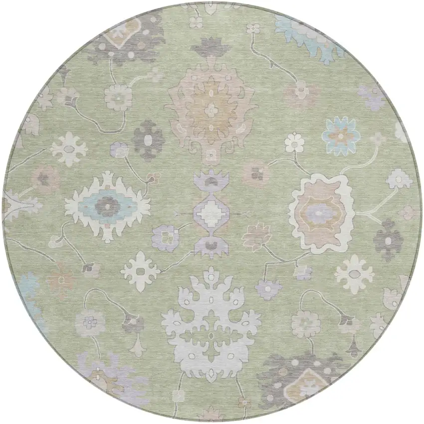8' Green And Teal Blue Round Oriental Washable Indoor Outdoor Area Rug Photo 2