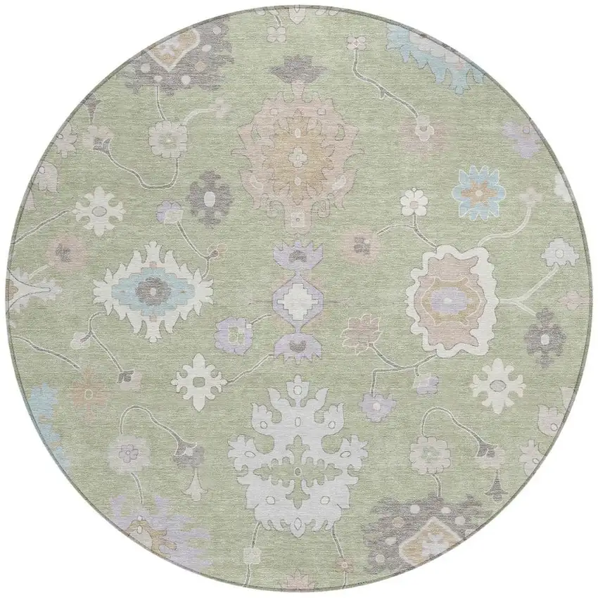 8' Green And Teal Blue Round Oriental Washable Indoor Outdoor Area Rug Photo 3