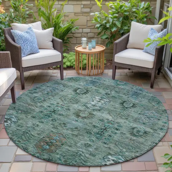 8' Green And Teal Blue Round Tribal Washable Indoor Outdoor Area Rug Photo 6