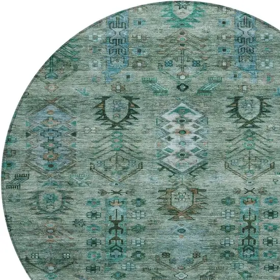 8' Green And Teal Blue Round Tribal Washable Indoor Outdoor Area Rug Photo 4