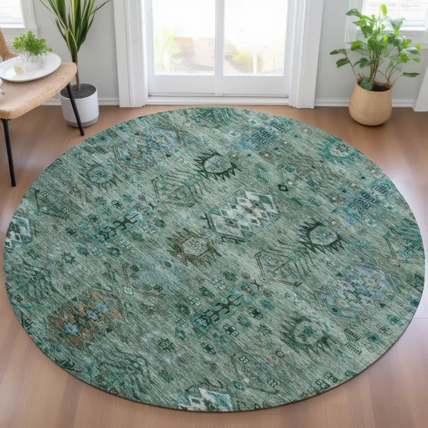 8' Green And Teal Blue Round Tribal Washable Indoor Outdoor Area Rug Photo 5