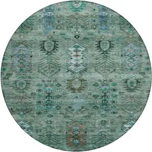 Photo of 8' Green And Teal Blue Round Tribal Washable Indoor Outdoor Area Rug