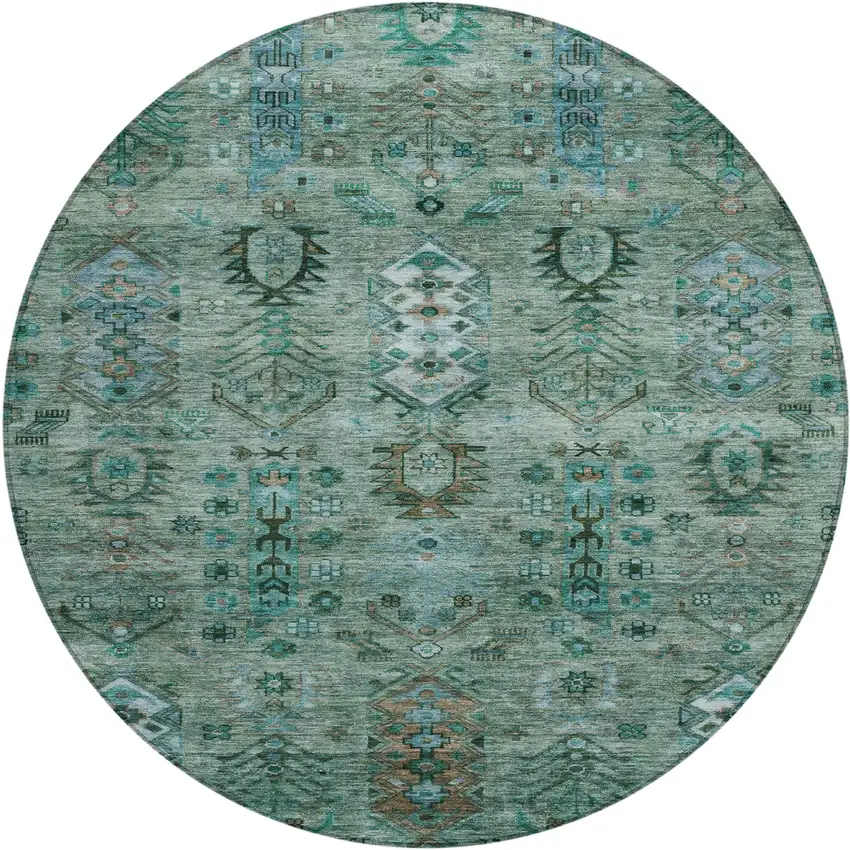 8' Green And Teal Blue Round Tribal Washable Indoor Outdoor Area Rug Photo 1
