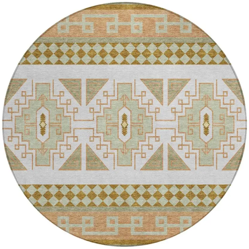 8' Green And Teal Blue Round Tribal Washable Indoor Outdoor Area Rug Photo 3