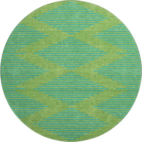 8' Green And Teal Geometric Washable Round Rug With UV Protection Photo 1