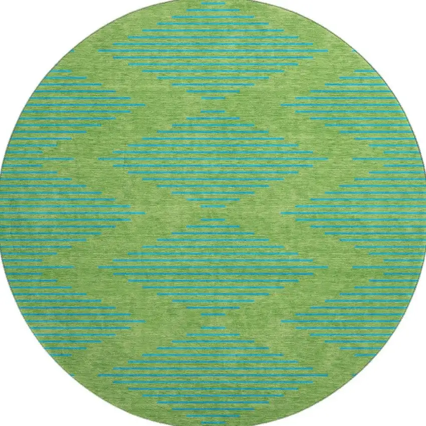 8' Green And Teal Geometric Washable Round Rug With UV Protection Photo 3