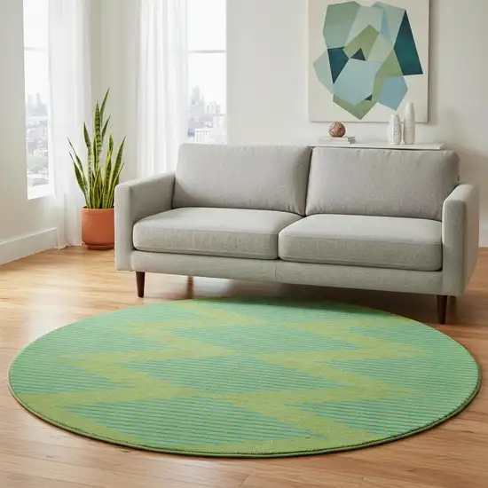 8' Green And Teal Geometric Washable Round Rug With UV Protection Photo 2