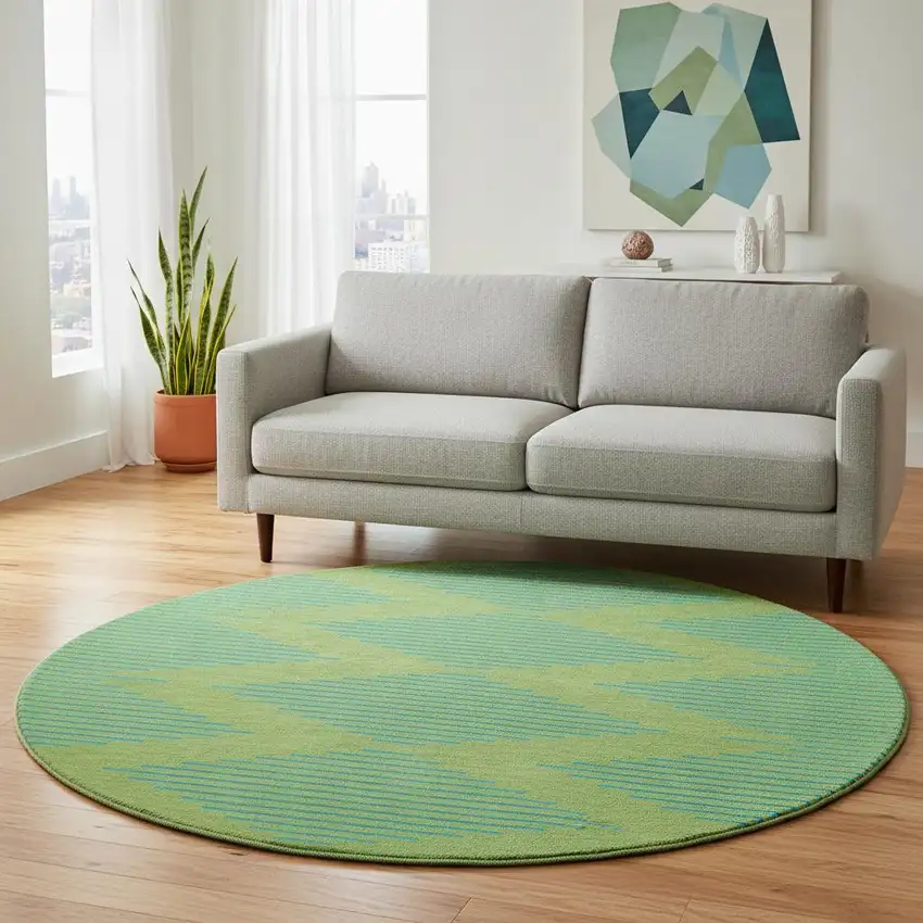8' Green And Teal Geometric Washable Round Rug With UV Protection Photo 2