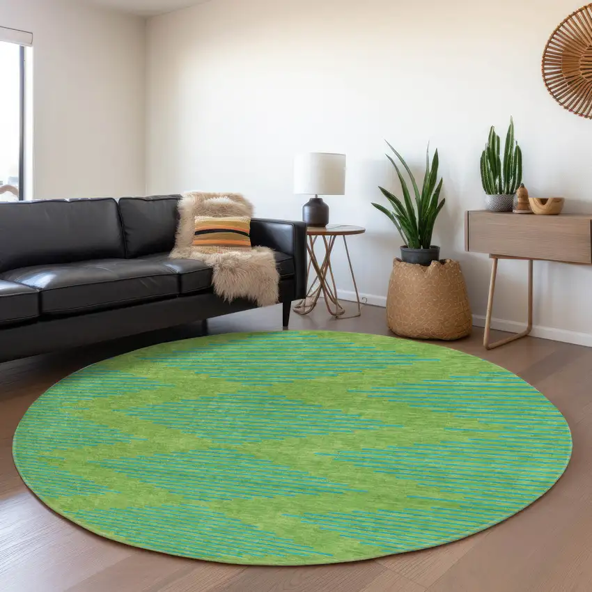 8' Green And Teal Geometric Washable Round Rug With UV Protection Photo 4