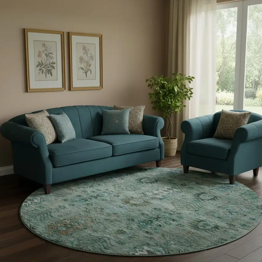 8' Green And Teal Southwestern Washable Round Rug With UV Protection Photo 2