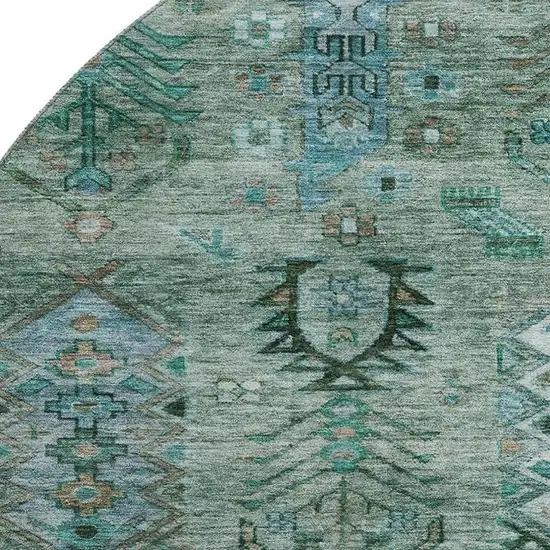 8' Green And Teal Southwestern Washable Round Rug With UV Protection Photo 3