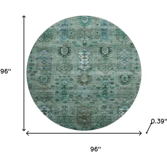 8' Green And Teal Southwestern Washable Round Rug With UV Protection Photo 7