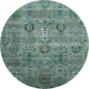 Photo of 8' Green And Teal Southwestern Washable Round Rug With UV Protection