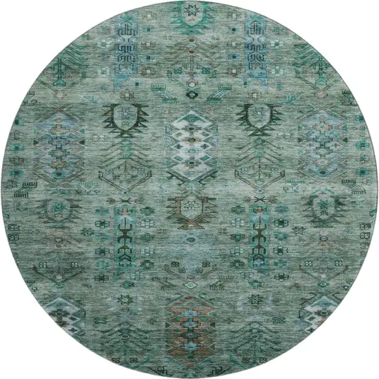 8' Green And Teal Southwestern Washable Round Rug With UV Protection Photo 1