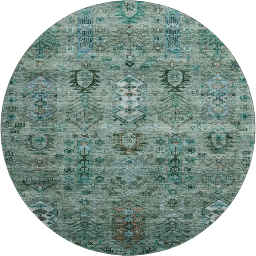 8' Green And Teal Southwestern Washable Round Rug With UV Protection Photo 1