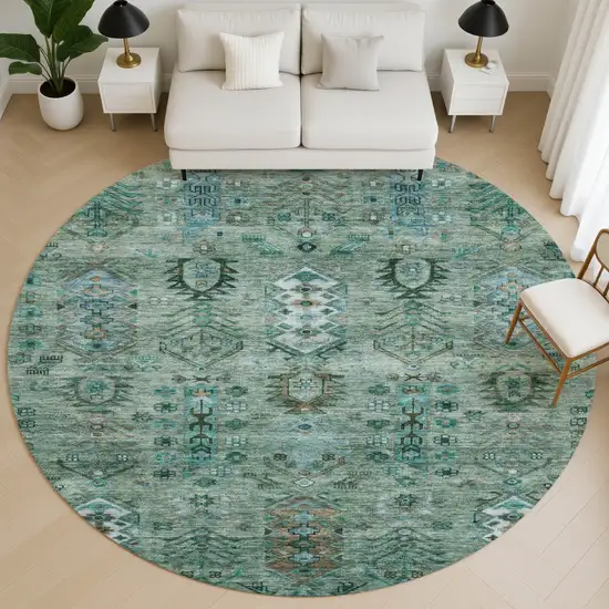 8' Green And Teal Southwestern Washable Round Rug With UV Protection Photo 4