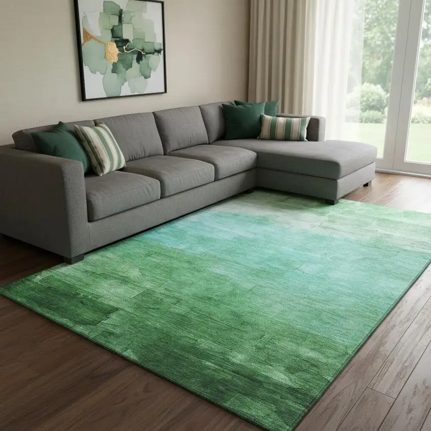 8' Green And Teal Striped Washable Area Rug With UV Protection Photo 2