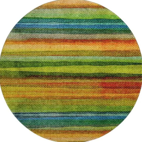 8' Green And Teal Striped Washable Round Rug With UV Protection Photo 4